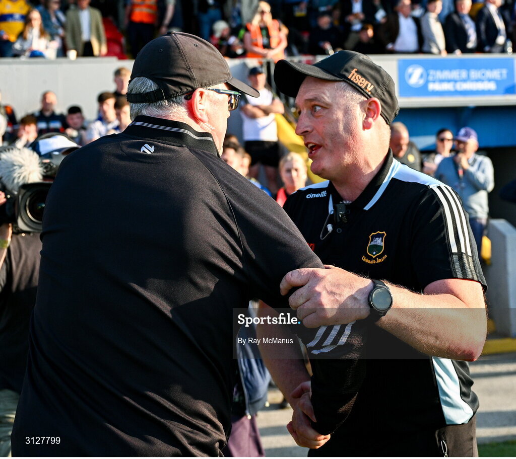 10 May 2025; Clare manager Brian Lohan and Tipperary manager Liam Cahill after the Munster GAA Hurling Senior Championship Round 3 match between Clare and Tipperary at Zimmer Biomet Páirc Chíosóg in Ennis, Clare. Photo by Ray McManus/Sportsfile