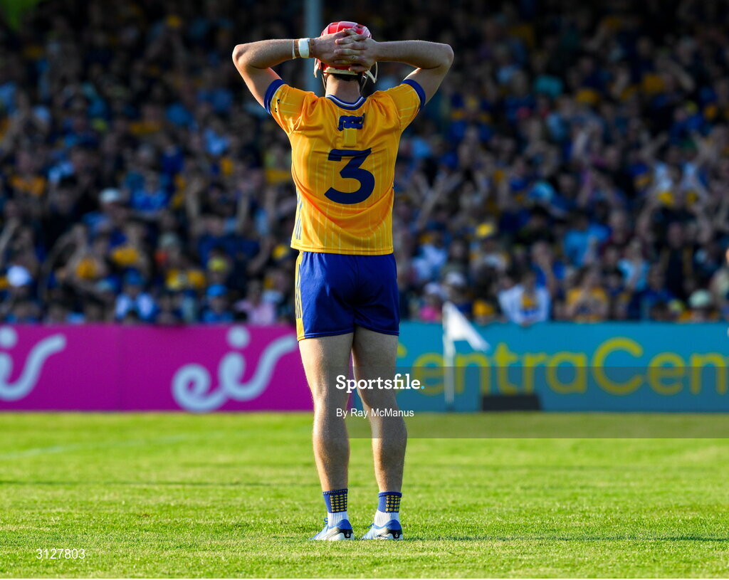10 May 2025; Darragh Lohan of Clare as the final whistle is blown to end the Munster GAA Hurling Senior Championship Round 3 match between Clare and Tipperary at Zimmer Biomet Páirc Chíosóg in Ennis, Clare. Photo by Ray McManus/Sportsfile