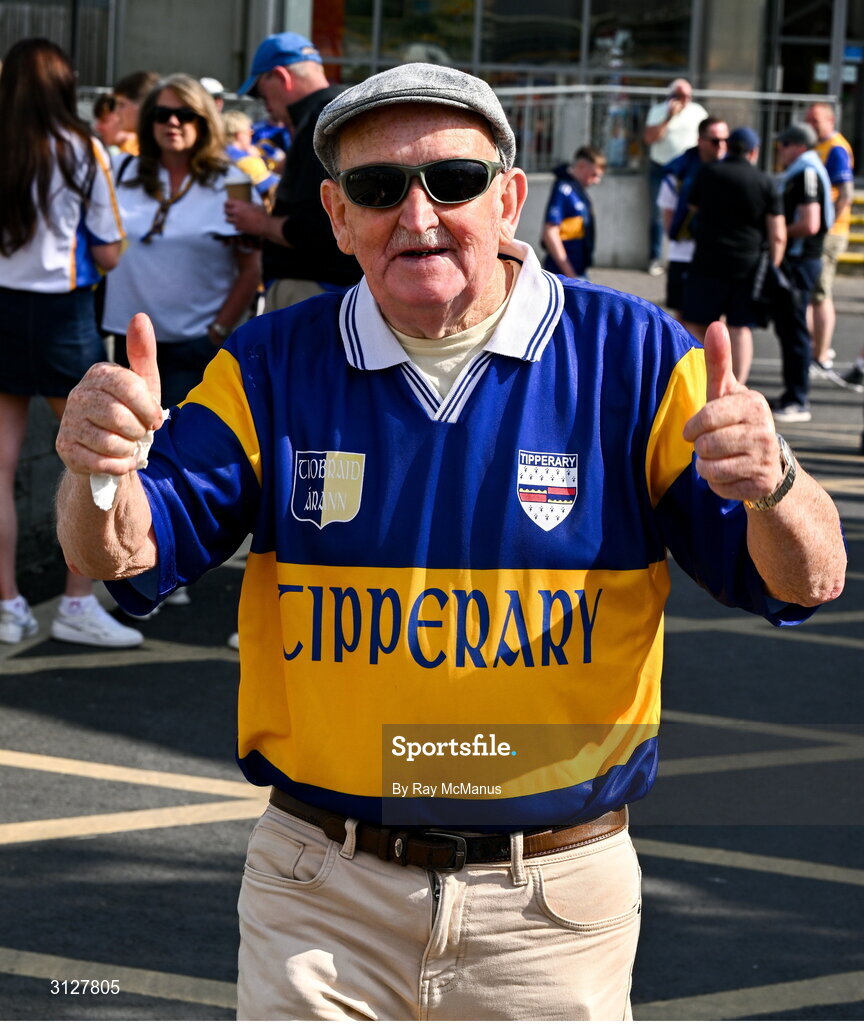 10 May 2025; A Tipperary supporter before the Munster GAA Hurling Senior Championship Round 3 match between Clare and Tipperary at Zimmer Biomet Páirc Chíosóg in Ennis, Clare. Photo by Ray McManus/Sportsfile
