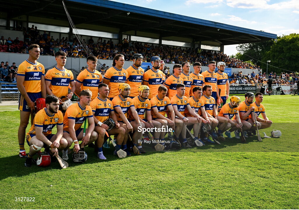 10 May 2025; The Clare squad before the Munster GAA Hurling Senior Championship Round 3 match between Clare and Tipperary at Zimmer Biomet Páirc Chíosóg in Ennis, Clare. Photo by Ray McManus/Sportsfile