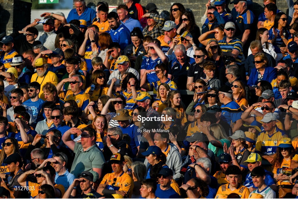10 May 2025; A section of the 20,685, mostly Clare supporters, who attended the Munster GAA Hurling Senior Championship Round 3 match between Clare and Tipperary at Zimmer Biomet Páirc Chíosóg in Ennis, Clare. Photo by Ray McManus/Sportsfile