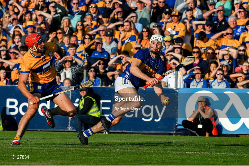 10 May 2025; Craig Morgan of Tipperary in action against Peter Duggan of Clare during the Munster GAA Hurling Senior Championship Round 3 match between Clare and Tipperary at Zimmer Biomet Páirc Chíosóg in Ennis, Clare. Photo by Ray McManus/Sportsfile
