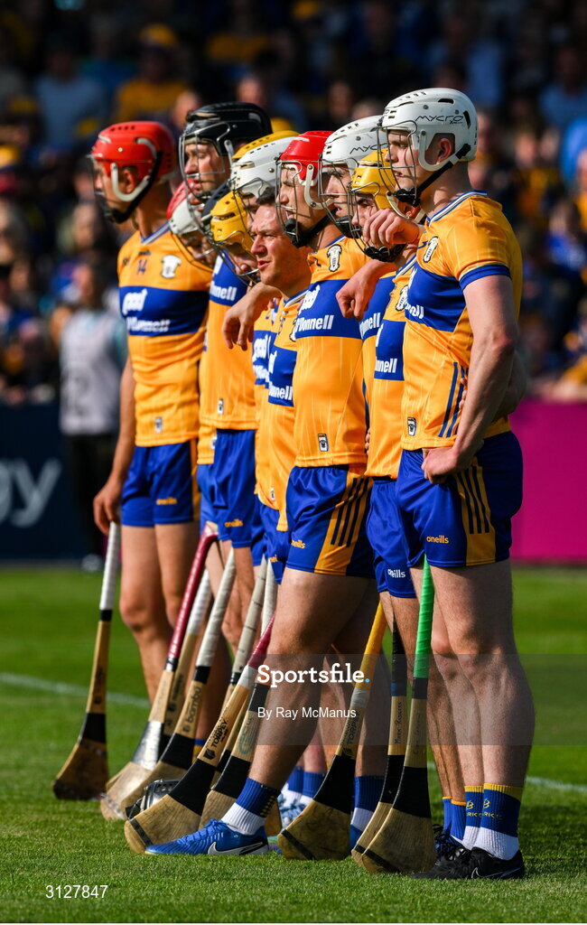 10 May 2025; The Clare players before the Munster GAA Hurling Senior Championship Round 3 match between Clare and Tipperary at Zimmer Biomet Páirc Chíosóg in Ennis, Clare. Photo by Ray McManus/Sportsfile