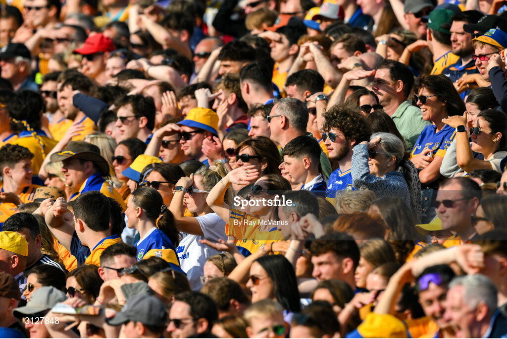 10 May 2025; Clare supporters, in the 20,685 attendance, before the Munster GAA Hurling Senior Championship Round 3 match between Clare and Tipperary at Zimmer Biomet Páirc Chíosóg in Ennis, Clare. Photo by Ray McManus/Sportsfile