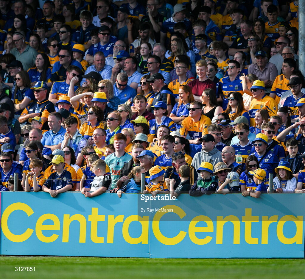 10 May 2025; Clare and tipperary supporters, in the 20,685 attendance, before the Munster GAA Hurling Senior Championship Round 3 match between Clare and Tipperary at Zimmer Biomet Páirc Chíosóg in Ennis, Clare. Photo by Ray McManus/Sportsfile
