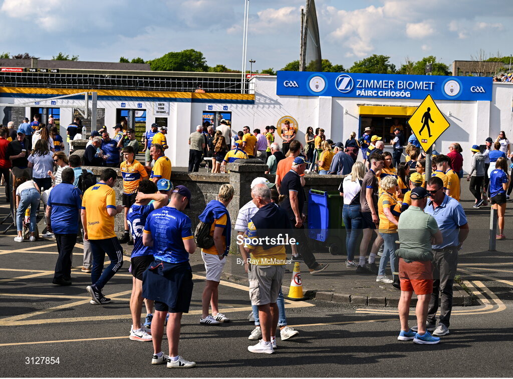 10 May 2025; Supporters of both teams outside the entrance gates before the Munster GAA Hurling Senior Championship Round 3 match between Clare and Tipperary at Zimmer Biomet Páirc Chíosóg in Ennis, Clare. Photo by Ray McManus/Sportsfile