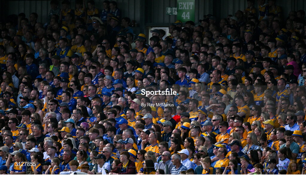 10 May 2025; Clare and tipperary supporters, in the 20,685 attendance, during the Munster GAA Hurling Senior Championship Round 3 match between Clare and Tipperary at Zimmer Biomet Páirc Chíosóg in Ennis, Clare. Photo by Ray McManus/Sportsfile