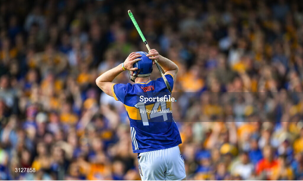 10 May 2025; John McGrath of Tipperary reacts to a missed opertunity during the Munster GAA Hurling Senior Championship Round 3 match between Clare and Tipperary at Zimmer Biomet Páirc Chíosóg in Ennis, Clare. Photo by Ray McManus/Sportsfile