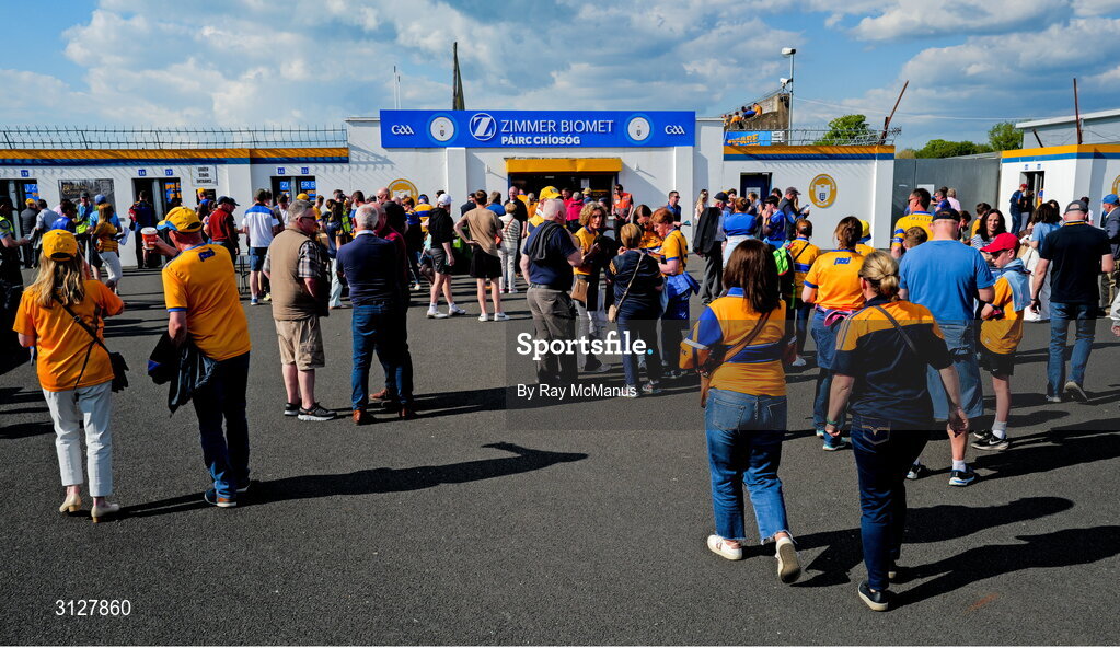 10 May 2025; Supporters of both teams outside the entrance gates before the Munster GAA Hurling Senior Championship Round 3 match between Clare and Tipperary at Zimmer Biomet Páirc Chíosóg in Ennis, Clare. Photo by Ray McManus/Sportsfile