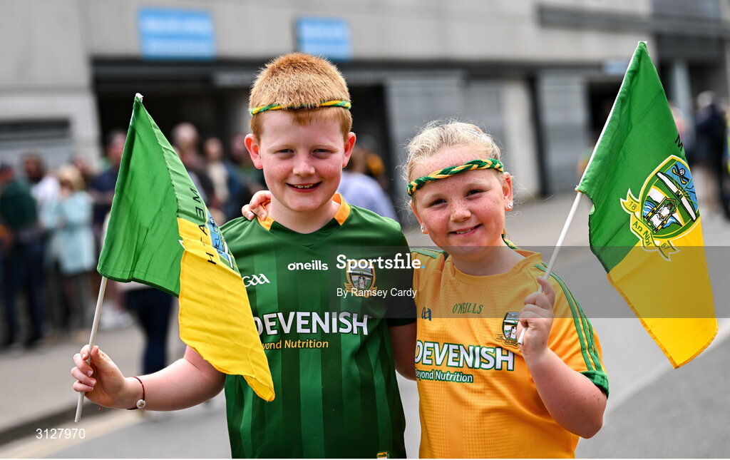11 May 2025; Meath supporters James, age 9, and Juliette Roche, age 8, from Dunboyne, before the Leinster GAA Football Senior Championship final match between Louth and Meath at Croke Park in Dublin. Photo by Ramsey Cardy/Sportsfile