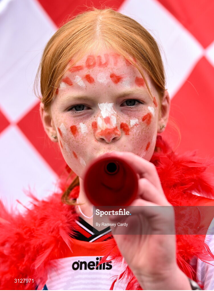 11 May 2025; Louth supporter Anna Donoghue, age 9, Monasterboice, before the Leinster GAA Football Senior Championship final match between Louth and Meath at Croke Park in Dublin. Photo by Ramsey Cardy/Sportsfile