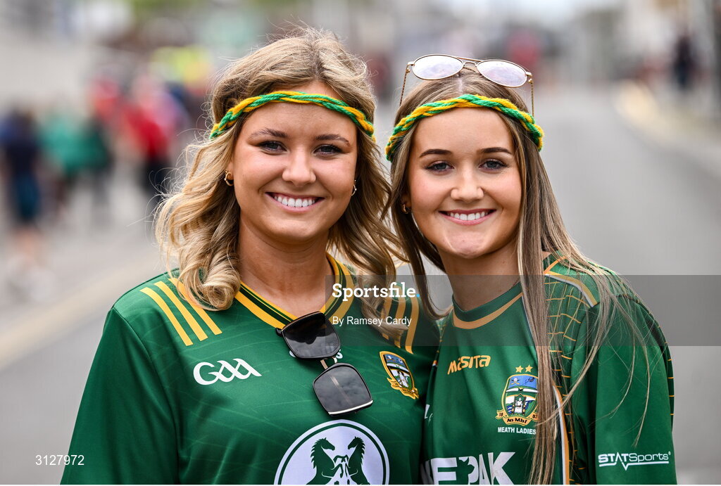 11 May 2025; Meath supporters Nora Lenihan, from Trim, left, and Emily Martin, from Summerhill, before the Leinster GAA Football Senior Championship final match between Louth and Meath at Croke Park in Dublin. Photo by Ramsey Cardy/Sportsfile