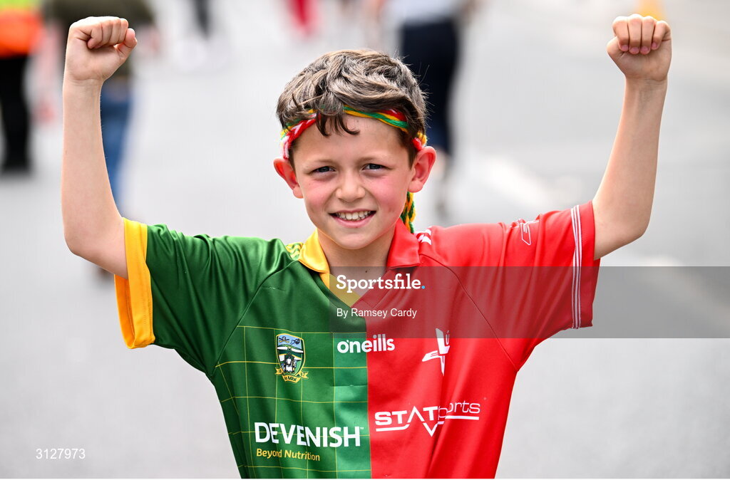11 May 2025; Billy Broderick, age 9, from Ashbourne, Meath, before the Leinster GAA Football Senior Championship final match between Louth and Meath at Croke Park in Dublin. Photo by Ramsey Cardy/Sportsfile