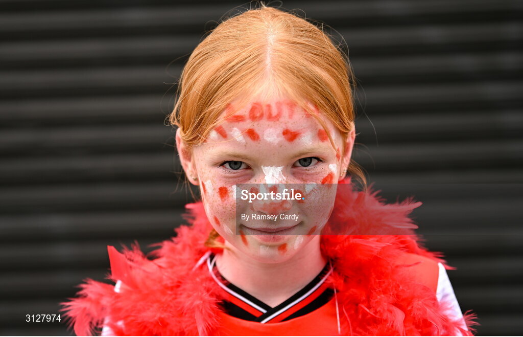 11 May 2025; Louth supporter Anna Donoghue, age 9, Monasterboice, before the Leinster GAA Football Senior Championship final match between Louth and Meath at Croke Park in Dublin. Photo by Ramsey Cardy/Sportsfile