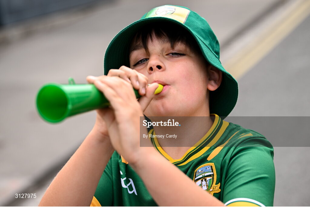 11 May 2025; Meath supporter Devin Burke, age 10, from Ratoath, before the Leinster GAA Football Senior Championship final match between Louth and Meath at Croke Park in Dublin. Photo by Ramsey Cardy/Sportsfile