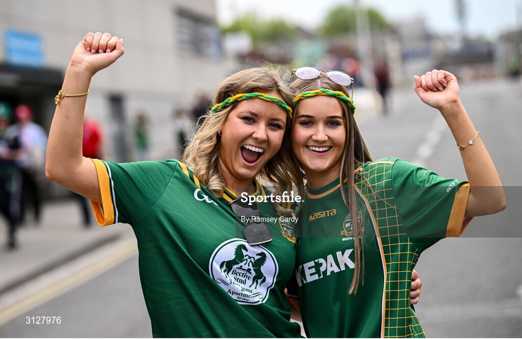 11 May 2025; Meath supporters Nora Lenihan, from Trim, left, and Emily Martin, from Summerhill, before the Leinster GAA Football Senior Championship final match between Louth and Meath at Croke Park in Dublin. Photo by Ramsey Cardy/Sportsfile
