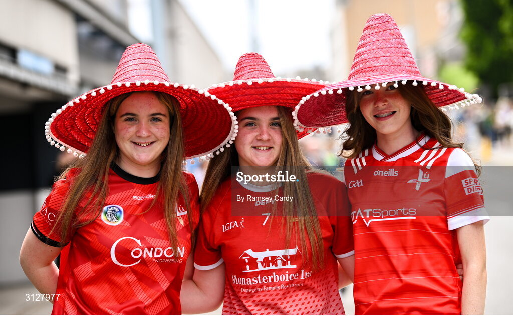 11 May 2025; Louth supporters Kate Murphy, left, Ava Murphy, centre, and Caoimhe Gaskin before the Leinster GAA Football Senior Championship final match between Louth and Meath at Croke Park in Dublin. Photo by Ramsey Cardy/Sportsfile