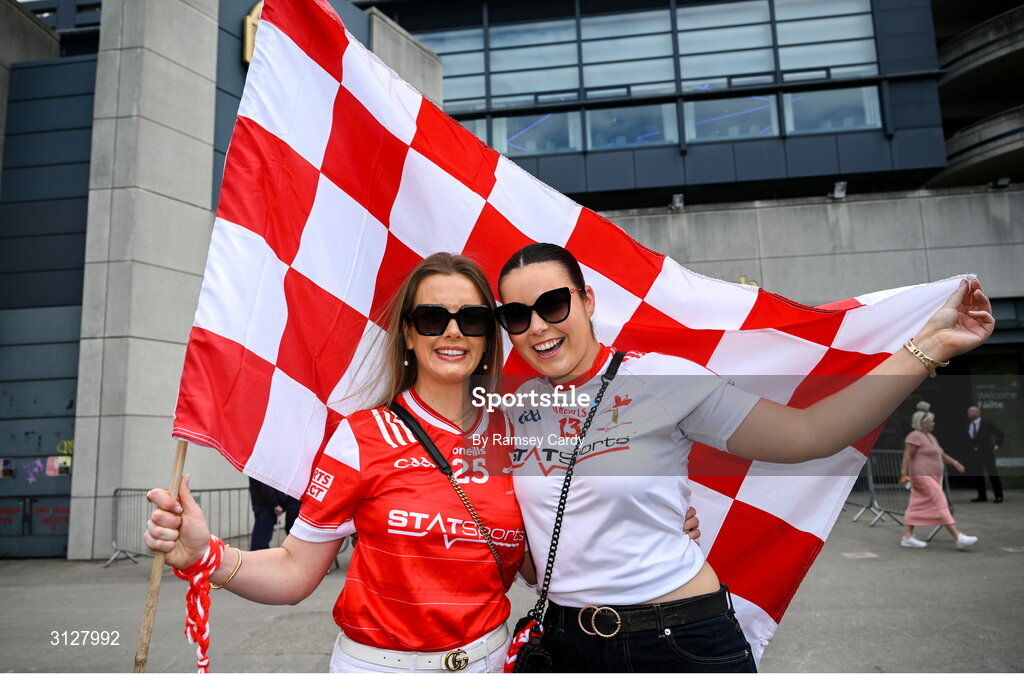 11 May 2025; Louth supporters Neasa Earley, from Clogherhead, left, and Katelyn Kirwin, from Drogheda, before the Leinster GAA Football Senior Championship final match between Louth and Meath at Croke Park in Dublin. Photo by Ramsey Cardy/Sportsfile