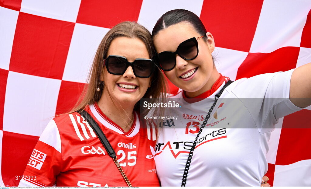 11 May 2025; Louth supporters Neasa Earley, from Clogherhead, left, and Katelyn Kirwin, from Drogheda, before the Leinster GAA Football Senior Championship final match between Louth and Meath at Croke Park in Dublin. Photo by Ramsey Cardy/Sportsfile