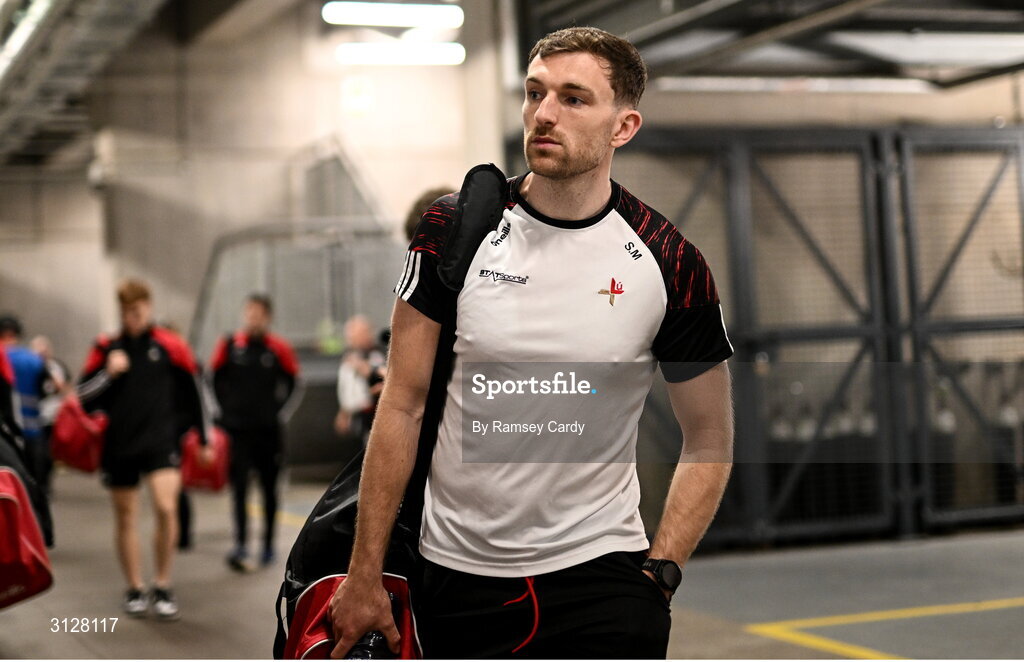 11 May 2025; Louth captain Sam Mulroy arrives before the Leinster GAA Football Senior Championship final match between Louth and Meath at Croke Park in Dublin. Photo by Ramsey Cardy/Sportsfile