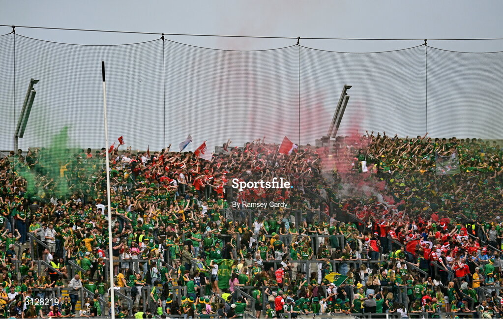 11 May 2025; Supporters on Hill 16 during the Leinster GAA Football Senior Championship final match between Louth and Meath at Croke Park in Dublin. Photo by Ramsey Cardy/Sportsfile