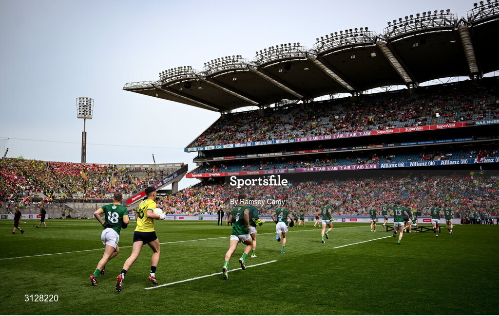 11 May 2025; The Meath team run out before the Leinster GAA Football Senior Championship final match between Louth and Meath at Croke Park in Dublin. Photo by Ramsey Cardy/Sportsfile