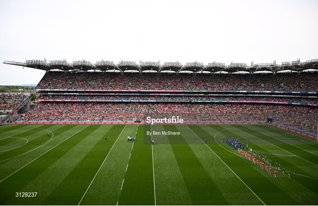 11 May 2025; A general view of Croke Park as players of both sides take part in the pre-match parade before the Leinster GAA Football Senior Championship final match between Louth and Meath at Croke Park in Dublin. Photo by Ben McShane/Sportsfile