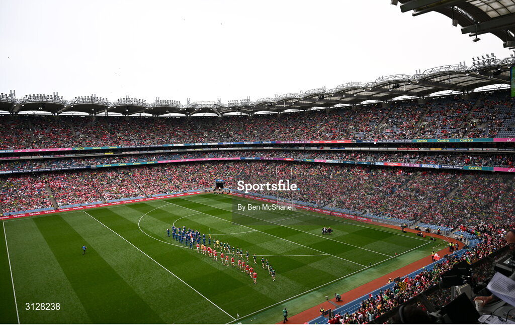 11 May 2025; A general view of Croke Park as players of both sides take part in the pre-match parade before the Leinster GAA Football Senior Championship final match between Louth and Meath at Croke Park in Dublin. Photo by Ben McShane/Sportsfile