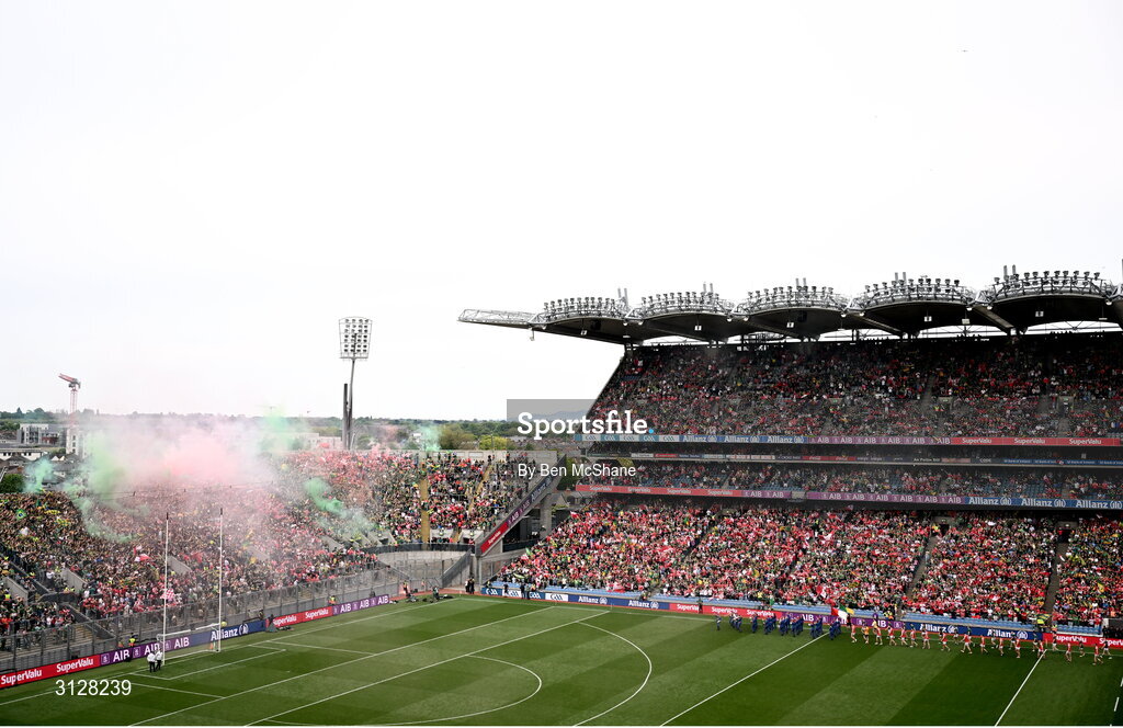 11 May 2025; A general view of Croke Park as players of both sides take part in the pre-match parade before the Leinster GAA Football Senior Championship final match between Louth and Meath at Croke Park in Dublin. Photo by Ben McShane/Sportsfile