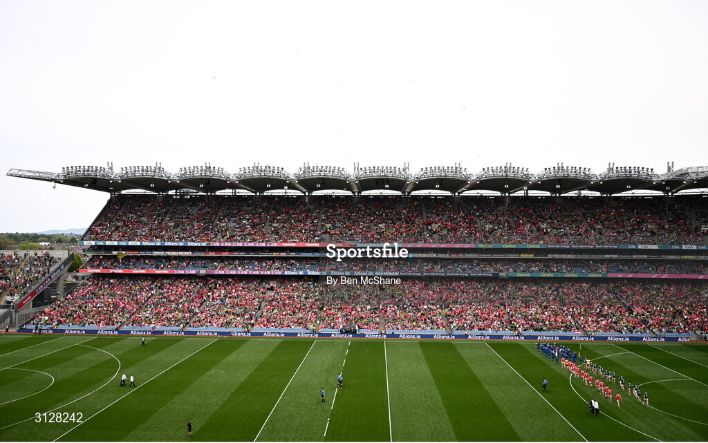 11 May 2025; A general view of Croke Park as players of both sides take part in the pre-match parade before the Leinster GAA Football Senior Championship final match between Louth and Meath at Croke Park in Dublin. Photo by Ben McShane/Sportsfile