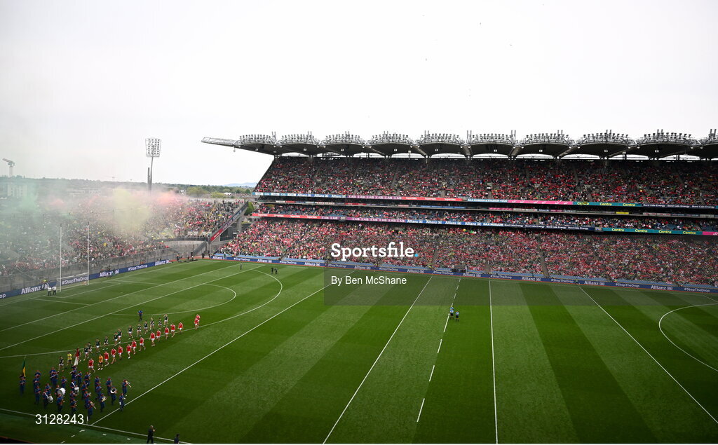 11 May 2025; A general view of Croke Park as players of both sides take part in the pre-match parade before the Leinster GAA Football Senior Championship final match between Louth and Meath at Croke Park in Dublin. Photo by Ben McShane/Sportsfile