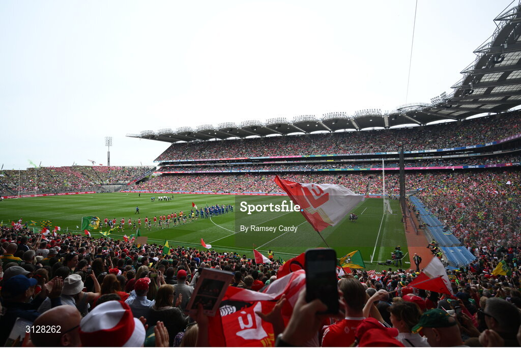 11 May 2025; A general view of the parade before the Leinster GAA Football Senior Championship final match between Louth and Meath at Croke Park in Dublin. Photo by Ramsey Cardy/Sportsfile