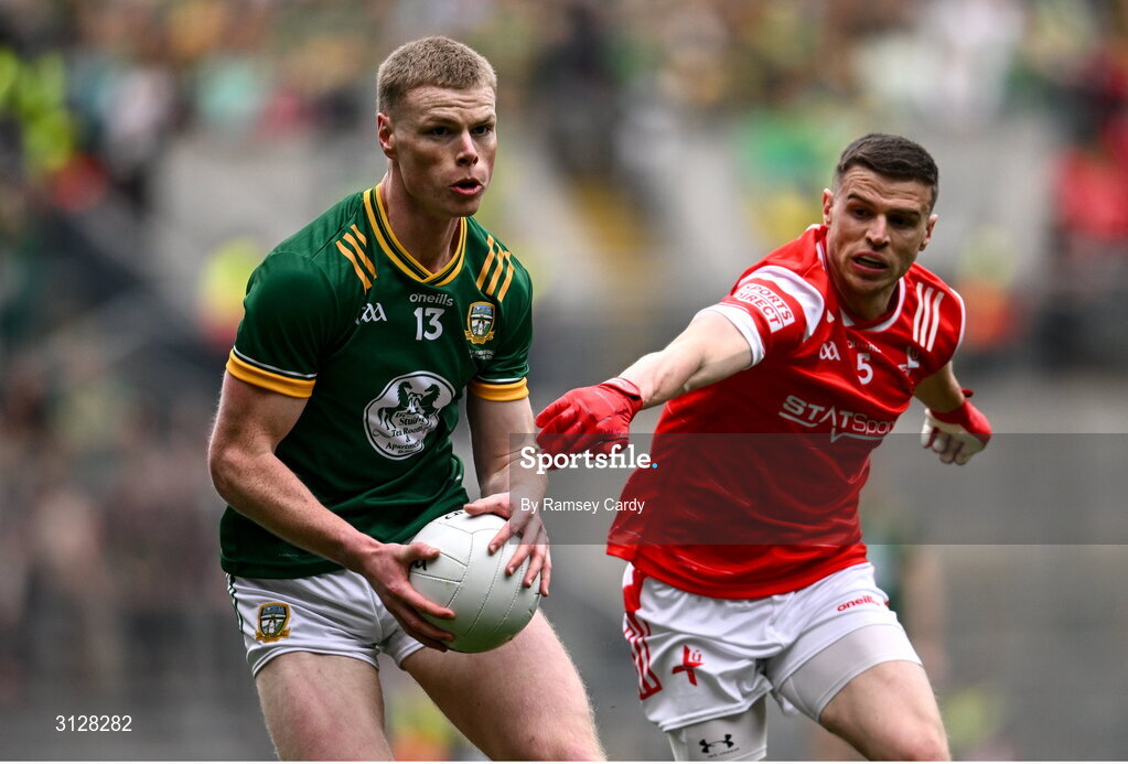 11 May 2025; Mathew Costello of Meath in action against Conall McKeever of Louth during the Leinster GAA Football Senior Championship final match between Louth and Meath at Croke Park in Dublin. Photo by Ramsey Cardy/Sportsfile