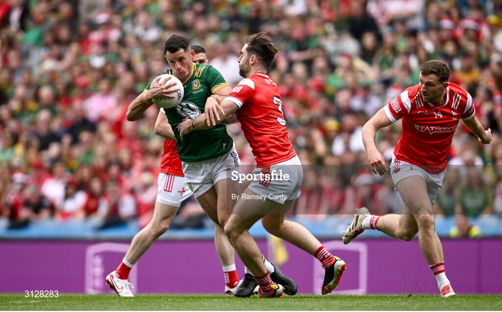 11 May 2025; Donal Keogan of Meath is tackled by Dermot Campbell of Louth during the Leinster GAA Football Senior Championship final match between Louth and Meath at Croke Park in Dublin. Photo by Ramsey Cardy/Sportsfile