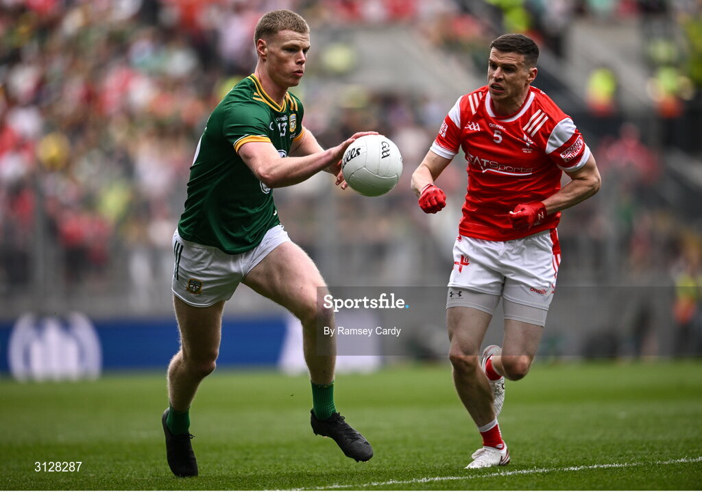 11 May 2025; Mathew Costello of Meath in action against Conall McKeever of Louth during the Leinster GAA Football Senior Championship final match between Louth and Meath at Croke Park in Dublin. Photo by Ramsey Cardy/Sportsfile