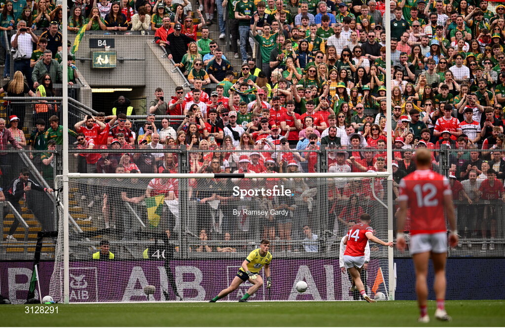 11 May 2025; Sam Mulroy of Louth scores his side's first goal, a penalty, past Meath goalkeeper Billy Hogan during the Leinster GAA Football Senior Championship final match between Louth and Meath at Croke Park in Dublin. Photo by Ramsey Cardy/Sportsfile
