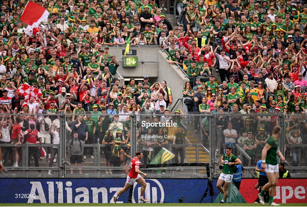11 May 2025; Sam Mulroy of Louth celebrates after scoring his side's first goal during the Leinster GAA Football Senior Championship final match between Louth and Meath at Croke Park in Dublin. Photo by Ramsey Cardy/Sportsfile