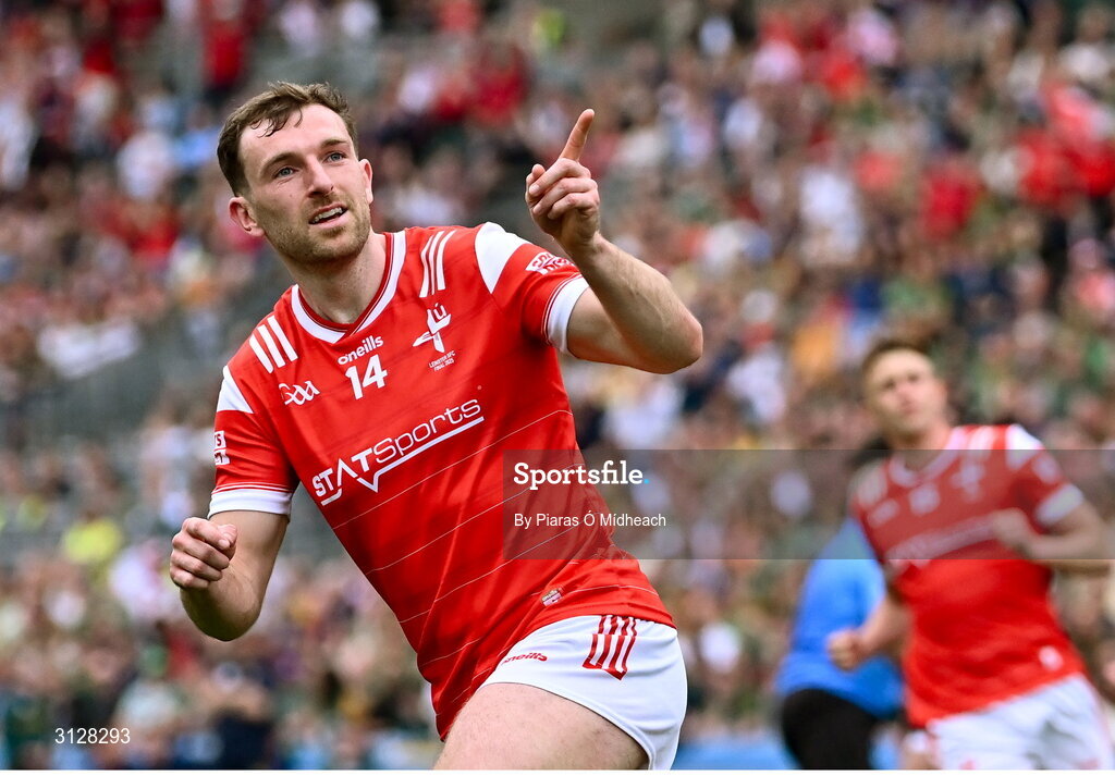 11 May 2025; Sam Mulroy of Louth celebrates scoring his side's first goal, a penalty, during the Leinster GAA Football Senior Championship final match between Louth and Meath at Croke Park in Dublin. Photo by Piaras Ó Mídheach/Sportsfile
