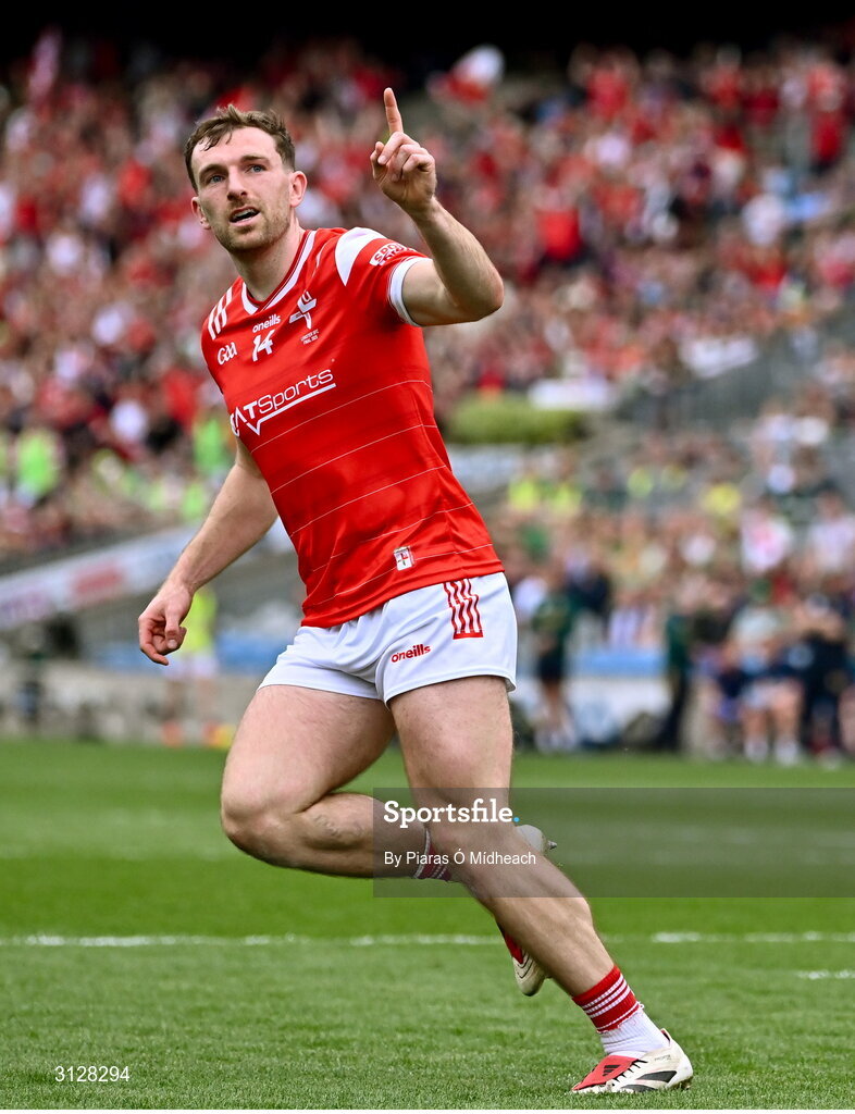 11 May 2025; Sam Mulroy of Louth celebrates scoring his side's first goal, a penalty, during the Leinster GAA Football Senior Championship final match between Louth and Meath at Croke Park in Dublin. Photo by Piaras Ó Mídheach/Sportsfile