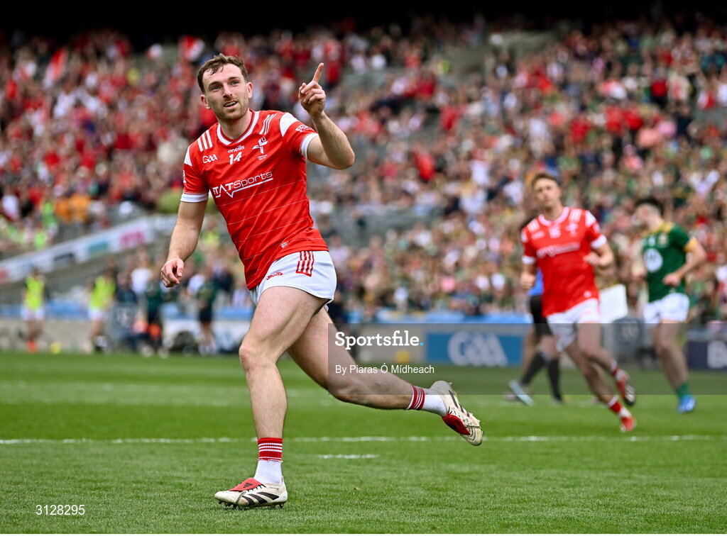 11 May 2025; Sam Mulroy of Louth celebrates scoring his side's first goal, a penalty, during the Leinster GAA Football Senior Championship final match between Louth and Meath at Croke Park in Dublin. Photo by Piaras Ó Mídheach/Sportsfile