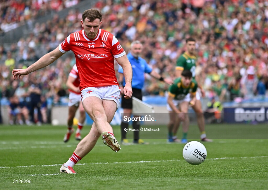 11 May 2025; Sam Mulroy of Louth scores his side's first goal, a penalty, during the Leinster GAA Football Senior Championship final match between Louth and Meath at Croke Park in Dublin. Photo by Piaras Ó Mídheach/Sportsfile