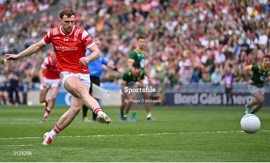 11 May 2025; Sam Mulroy of Louth scores his side's first goal, a penalty, during the Leinster GAA Football Senior Championship final match between Louth and Meath at Croke Park in Dublin. Photo by Piaras Ó Mídheach/Sportsfile
