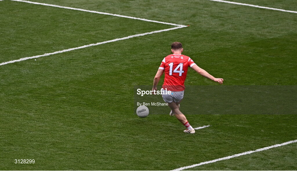 11 May 2025; Sam Mulroy of Louth scores his side's first goal, a penalty, during the Leinster GAA Football Senior Championship final match between Louth and Meath at Croke Park in Dublin. Photo by Ben McShane/Sportsfile