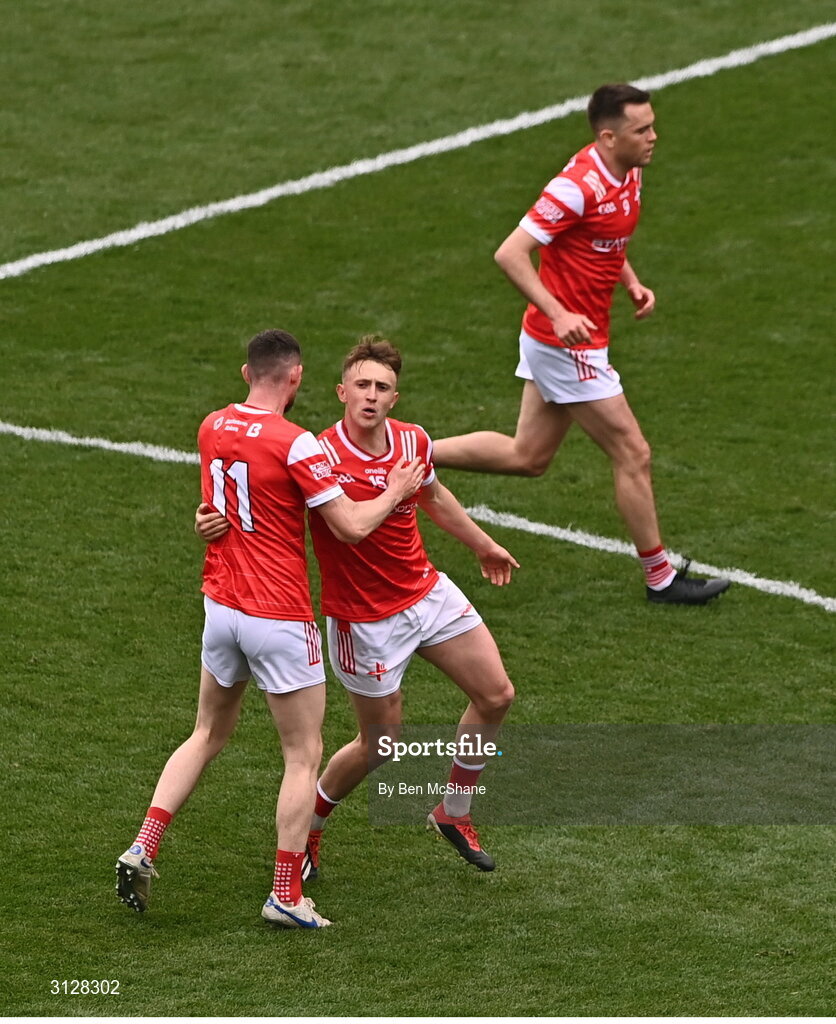 11 May 2025; Ryan Burns, right, celebrates with Louth teammate Ciarán Downey after scoring their side's second goal during the Leinster GAA Football Senior Championship final match between Louth and Meath at Croke Park in Dublin. Photo by Ben McShane/Sportsfile
