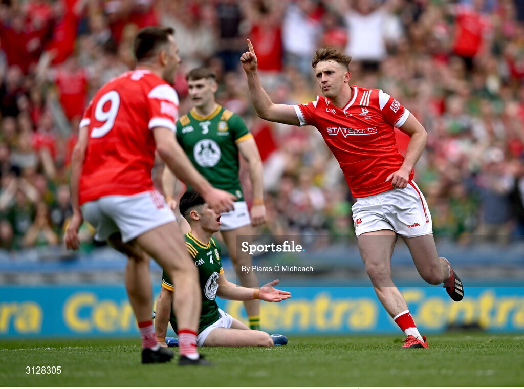 11 May 2025; Ryan Burns of Louth celebrates after scoring his side's second goal during the Leinster GAA Football Senior Championship final match between Louth and Meath at Croke Park in Dublin. Photo by Piaras Ó Mídheach/Sportsfile