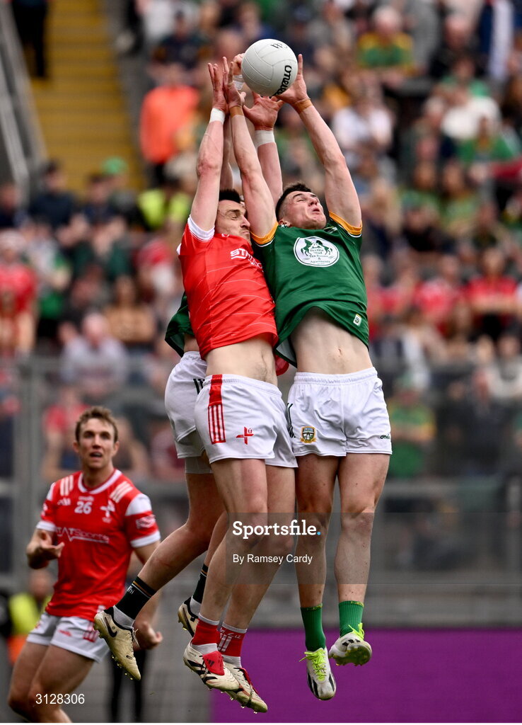 11 May 2025; Tommy Durnin of Louth in action against Bryan Menton and Conor Duke of Meath during the Leinster GAA Football Senior Championship final match between Louth and Meath at Croke Park in Dublin. Photo by Ramsey Cardy/Sportsfile