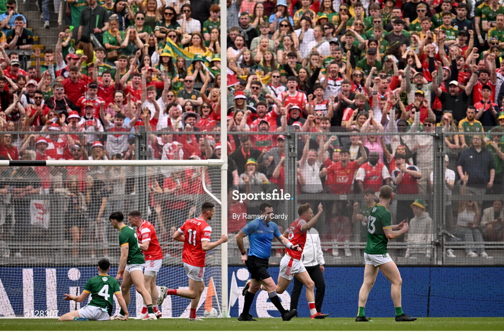 11 May 2025; Ryan Burns of Louth celebrates after scoring his side's second goal during the Leinster GAA Football Senior Championship final match between Louth and Meath at Croke Park in Dublin. Photo by Ramsey Cardy/Sportsfile