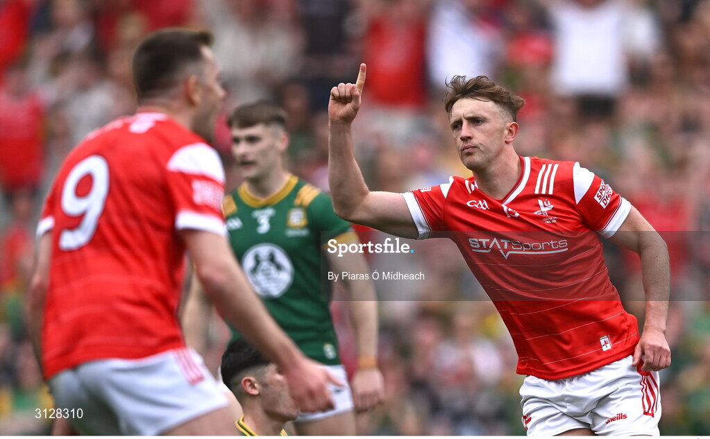 11 May 2025; Ryan Burns of Louth celebrates after scoring his side's second goal during the Leinster GAA Football Senior Championship final match between Louth and Meath at Croke Park in Dublin. Photo by Piaras Ó Mídheach/Sportsfile