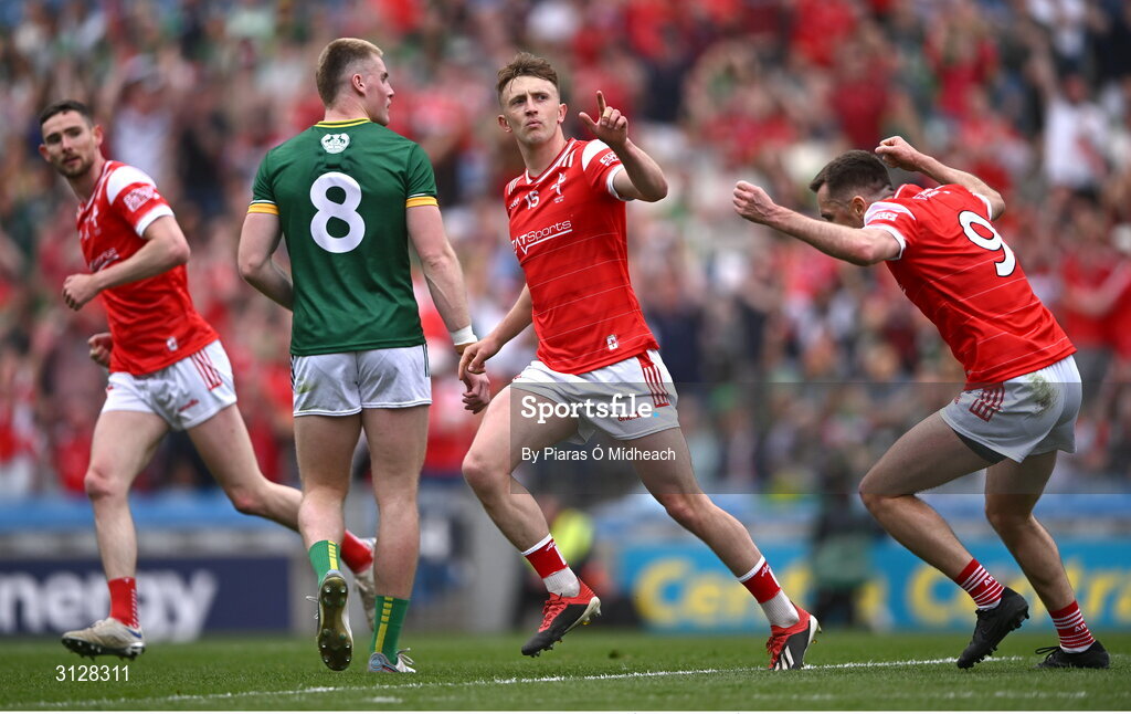 11 May 2025; Ryan Burns of Louth, 15, celebrates after scoring his side's second goal during the Leinster GAA Football Senior Championship final match between Louth and Meath at Croke Park in Dublin. Photo by Piaras Ó Mídheach/Sportsfile Photo by Piaras Ó Mídheach/Sportsfile