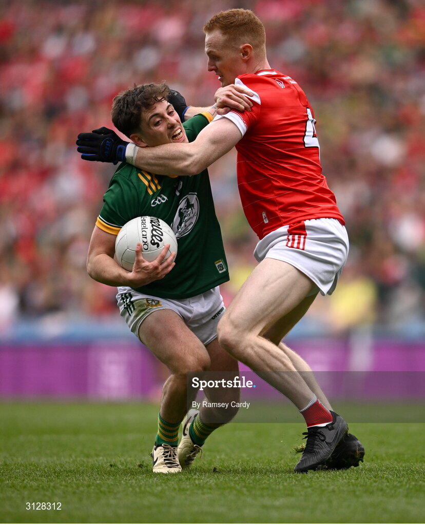 11 May 2025; James Conlon of Meath in action against Donal McKenny of Louth during the Leinster GAA Football Senior Championship final match between Louth and Meath at Croke Park in Dublin. Photo by Ramsey Cardy/Sportsfile
